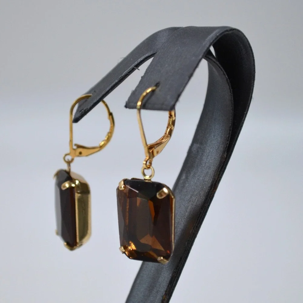 Gold Tone Dark Brown Amber Crystal Lever-back Earrings 1.5